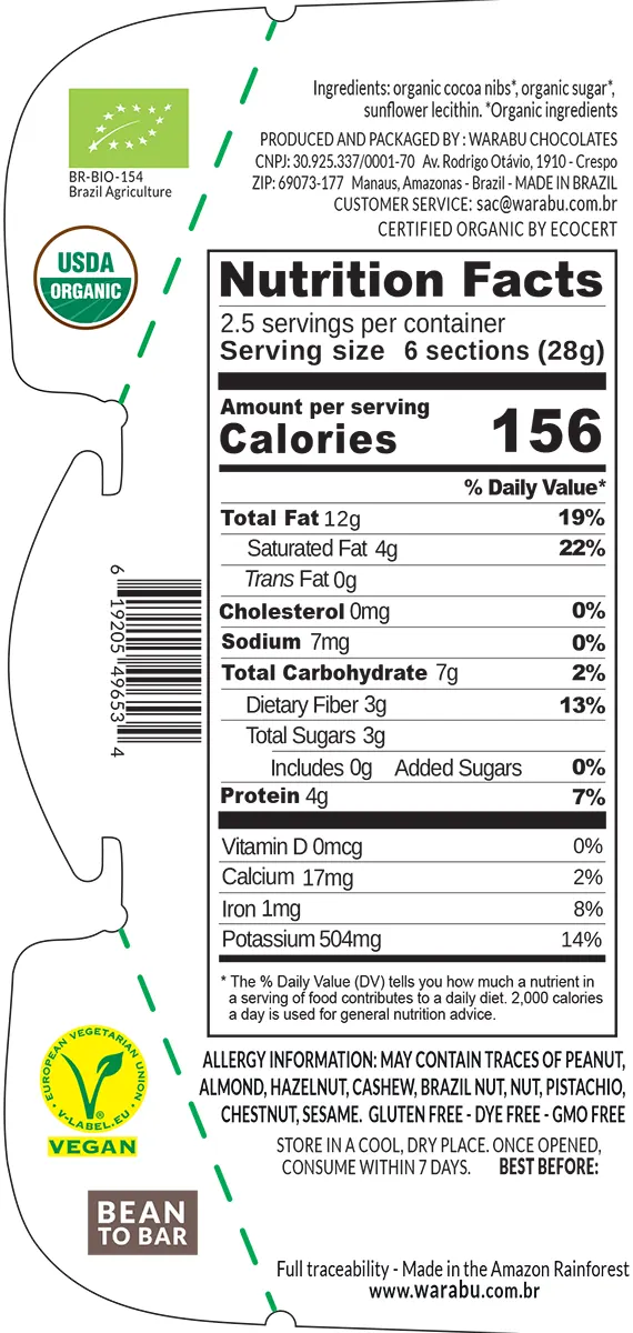 Tabela Nutricional Chocolate Extra amargo 99 % Cacau Selvagem Warabu - Artesanu Alimentos