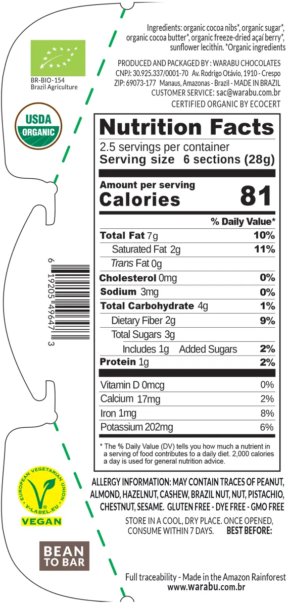 Tabela Nutricional Chocolate Açaí 61 % Warabu - Artesanu Alimentos