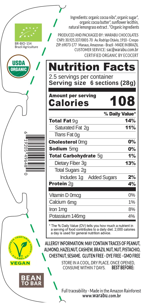 Tabela Nutricional Chocolate Meio Amargo Capim Limão 64 % Warabu - Artesanu Alimentos