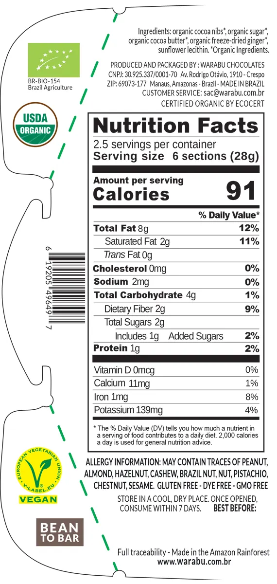 Tabela Nutricional Chocolate Meio Amargo Gengibre 65 % Warabu - Artesanu Alimentos