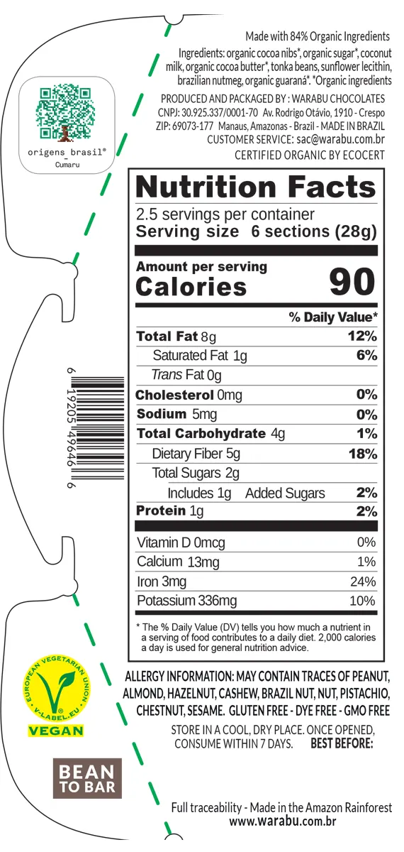 Tabela nutricional Chocolate Leite de Coco e Guaraná 54 % Warabu - Artesanu Alimentos