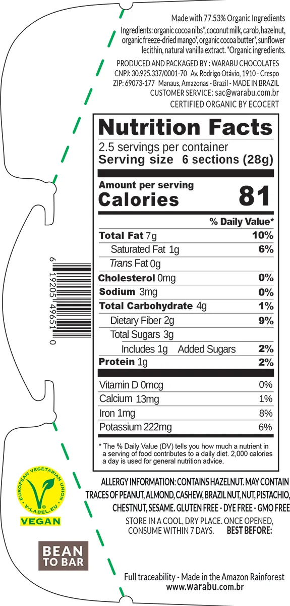 Tabela Nutricional Chocolate ao Leite de Coco 72 % Warabu - Artesanu Alimentos