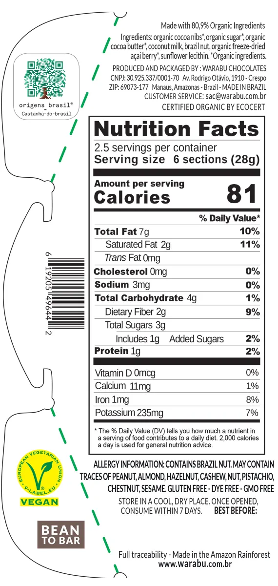 Tabela Nutricional Chocolate 52 % Castanha do Brasil e Açaí - Warabu - Artesanu alimentos