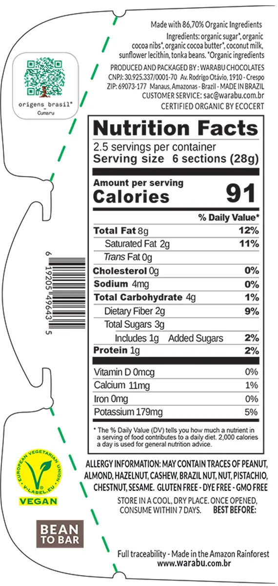 Tabela Nutricional Chocolate 50 % com Cumaru Warabu