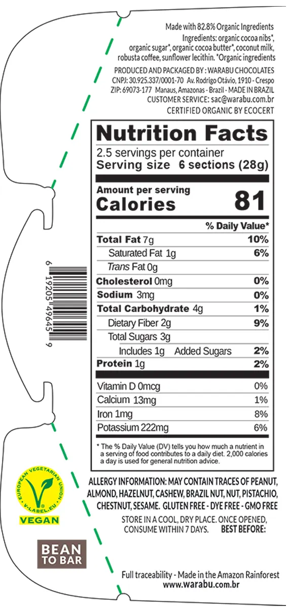 Tabela Nutricional Chocolate 53 % com Café Warabu