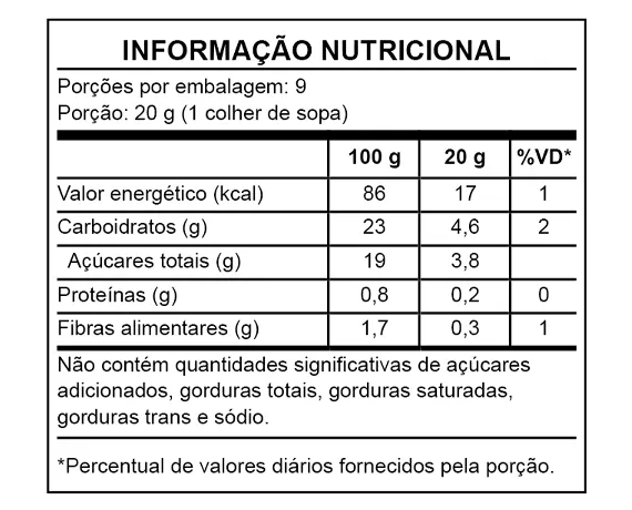 Tabela Nutricional Geleia de Uva sem Açúcar Engenho da Terra